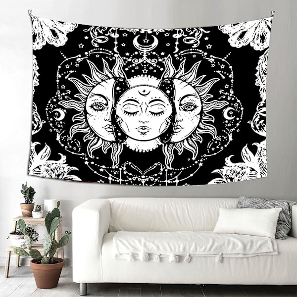 Måne og Sol Vægtæppe Naturlig Vægdekoration Soveværelsesindretning Boho Stil (sort og hvid, 150x200cm)