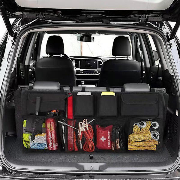 Bagagerumsorganiser 3. generation [7 gange opgradering] Super kapacitet bilorganiser, udstyret med [robust elastisk net & 4 magiske klæbepuder] Bagagerumsopbevaring grey