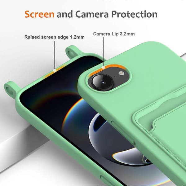 Flydende silikone etui med kortholder og lanyard til iPhone 16e Green