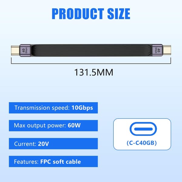 Kort USB C-kabel, 5,25 tommer, 100 W, USB C, hann til C, hann USB 4.0 hurtiglading, 40 Gbps, dataoverføring, myk kabel, FPC, Mini USB C-kabel for Mo