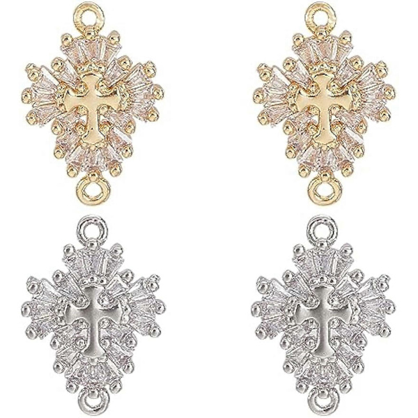 4 st Cubic Zirconia Korslänkar 2 Färger Kors Korsfästelse Koppling Charm Rhinestone Kristall Hängsmycken med Två Öglor