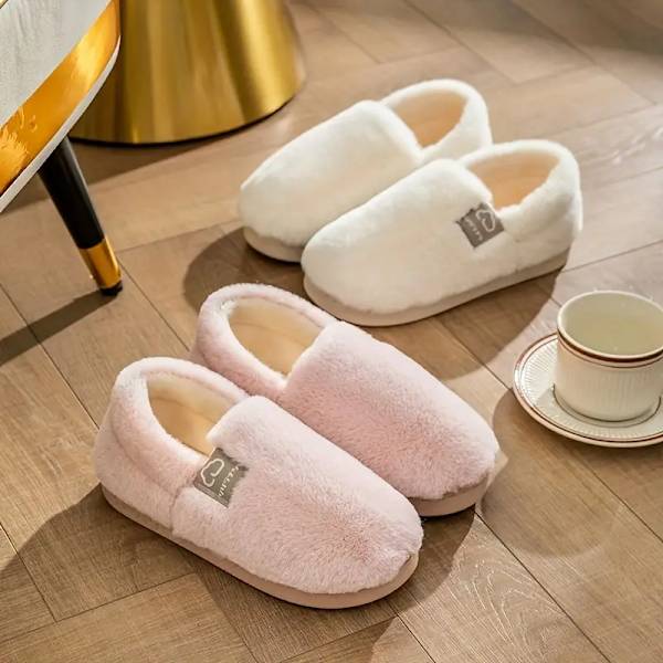 Dame Tøfler i ensfarget plysj, Slipp på Hjemme Tjukksåle Komfortable Sko, Varme og koselige Fuzzy Innesko Pink EU38 39