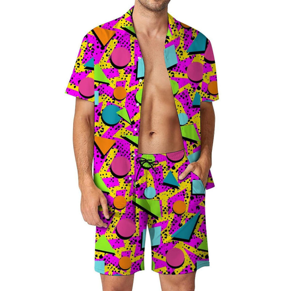 Herre 2-delt linned sæt strandtøj skjorte med knapper og shorts Q2 2XL