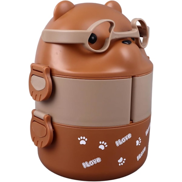 Bärbar Bento Lunchbox, 2-lagers Behållare för Skola, Arbete, Camping - Björnform, Utmärkt Värmeisolering, Muti Purpose (Kaffe färg)