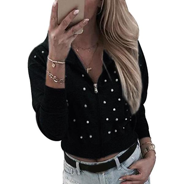 Kvinnor Hooded Jackor Pärlbroderade Dragkedjor Jackor Kvinnliga Långärmade Casual Toppar Nya XL B