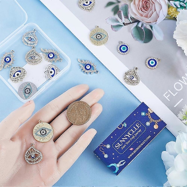 1 Ask 40 st 5 Stilar Silver Ögon Charm Guld Ögon Charm Bulk Alloy Emalj Rhinestone Hjärta Runda Flatback Charm för Smyckestillverkning Charms Kvinnor D