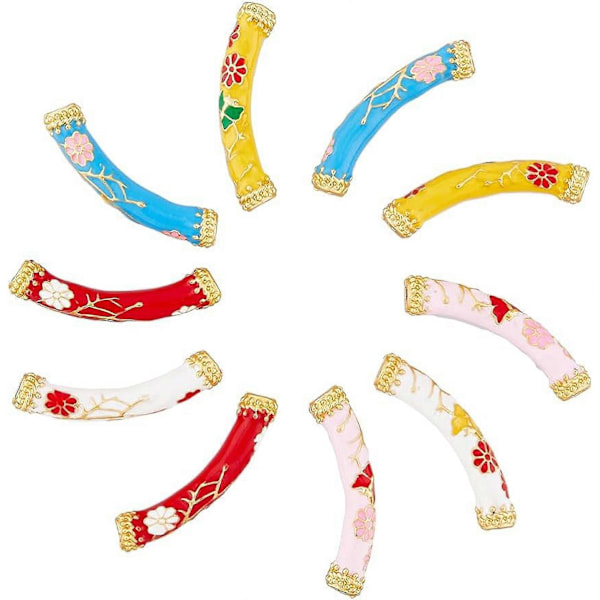10 st 5 Färger Noodle Tube Spacers Pärlor Emalj Blomma Mönster Tube Pärlor Böjda Noodle Tube Pärlor Matt Guld Pärlor Plätering Legering Pärlor för Smyckestillverkning