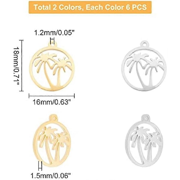 12 st 2 Färger Ring med Kokosnötträd Hängsmycken Hawaii Tropisk Växt Hängsmycke Rostfritt Stål Hängsmycken