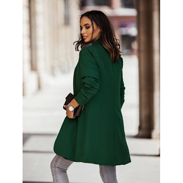 Høst og vinter ny mote langærmet revers ensfarget dress lang frakk Dark green M
