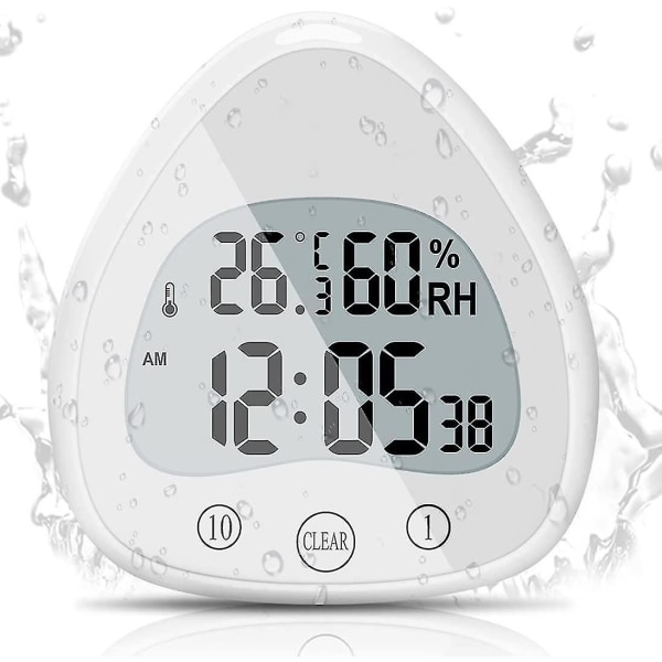 Betterlifefg-badrumsklocka, LCD-digital väckarklocka med vattentät touch-duschklocka, vattentäta timers termometer bärbar displayklocka med sug C