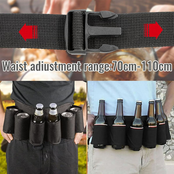 Ölband, ölbandpaket, ölholster, rymmer 6 flaskor öl eller drycker, lämplig för utomhusvandring, cykling, karneval, svart justerbar