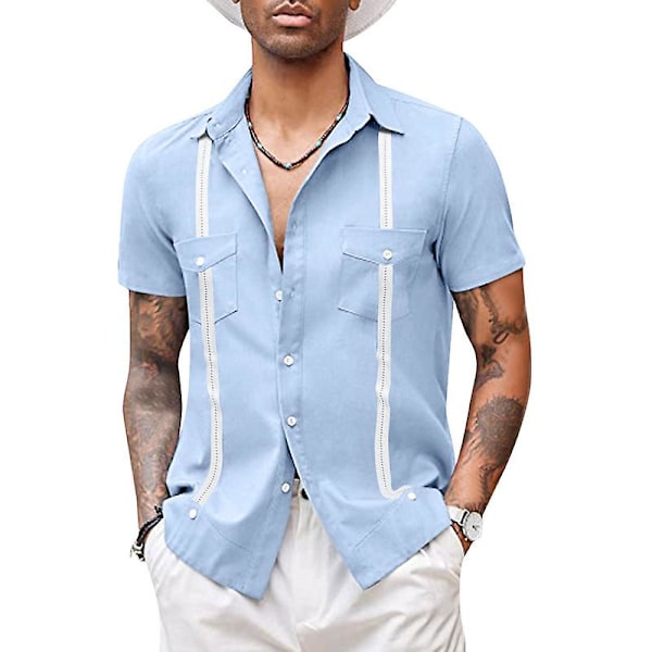Miesten lyhythihainen Guayabera-paita, rento napitettava rantapaita Blue S