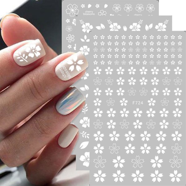 Flower Nail Art Stickers Dekaler 8 ark Nail Art Supplies Självhäftande nageldekorationer Tillbehör, 12,2*7,5 cm white