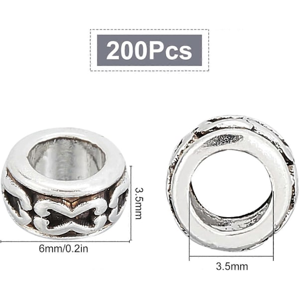 200 st Tibetansk Stil Europeiska Stora Hål Rondelle Distanspärlor Legeringspärlor 0,24 tum i Diameter med 0,14 tum Hål Ihåligt Rörpärla för DIY Halsband Br