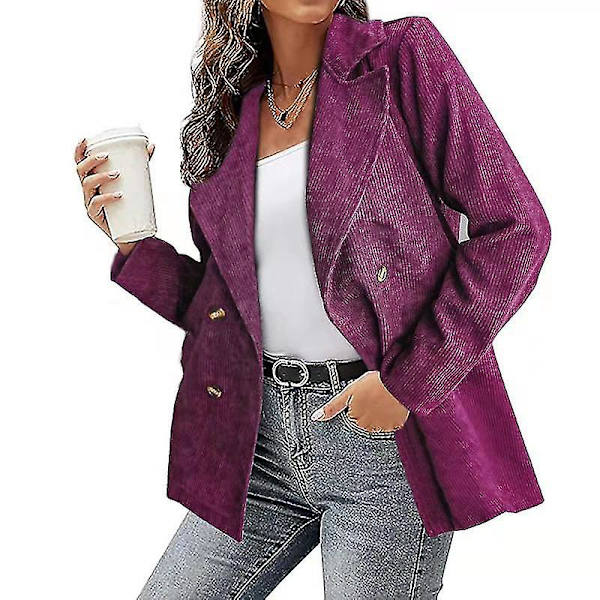 Kordfløyelsjakke for kvinner, ensfarget, løs jakke med jakkeslag, moteriktig yttertøy med lange ermer for XL Purplish Red