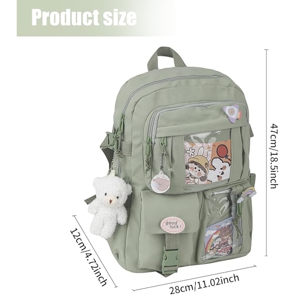 Kawaii ryggsäck, Kawaii ryggsäck med Kawaii stift och tillbehör, Kawaii ryggsäck för flickor studenter, söt estetisk reseryggsäck grön