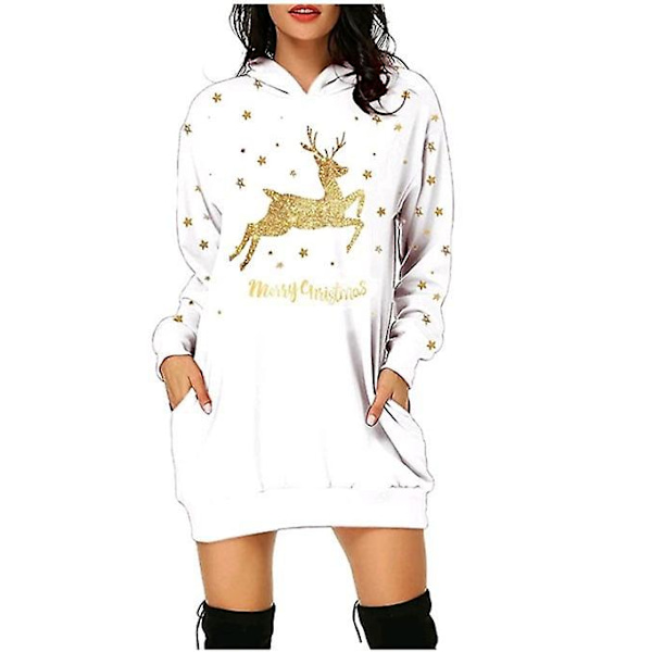Kvinnors jultröjor med huva, löst casual långärmad tröja White L