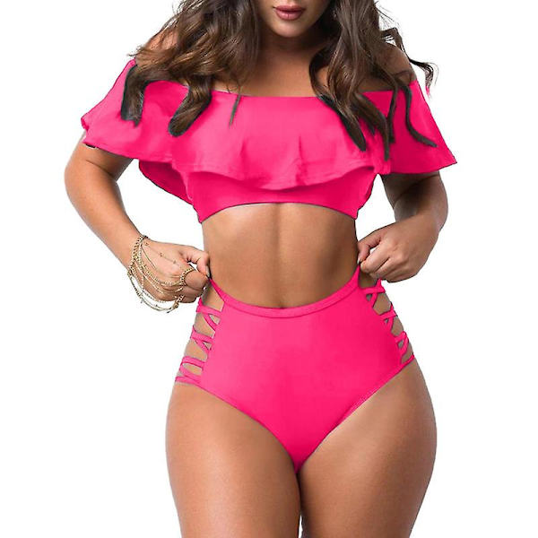 Kvinnors volang off shoulder sexig baddräkt tvådelad bikini Rose XL