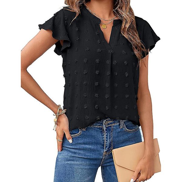 Sommerbluse for kvinner med V-hals, topp med korte volangermer Black M
