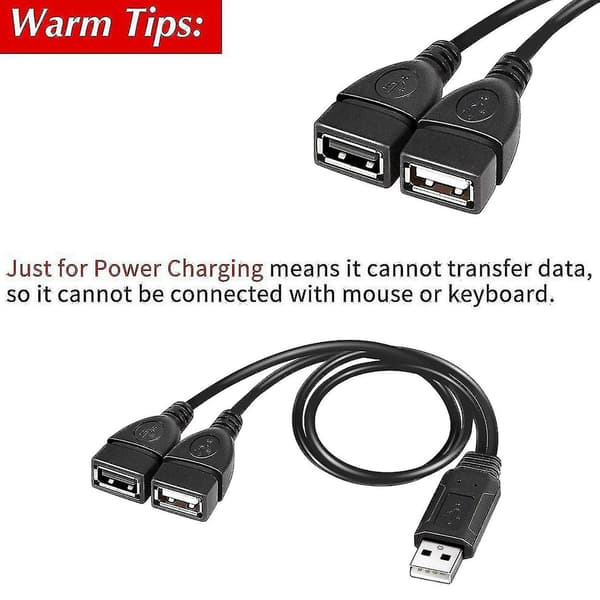 2x USB Splitterkabel, USB 2.0 A til Dobbelt USB Hun Y Splitter Opladerkabel