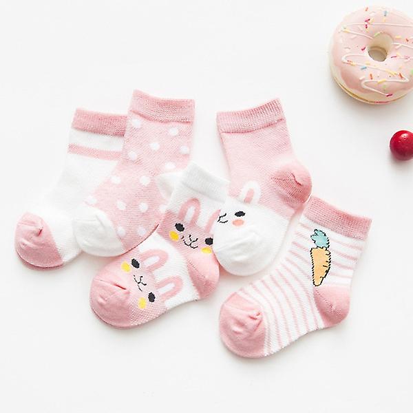 5 par söta tecknade barnsockor andningsbara tunna babystrumpor pink S(0-1Year old)