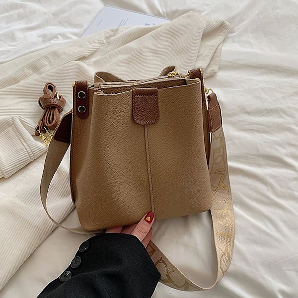 Fashion Läder Väska Ny Joker Axelväska Mode Retro Hög Sense Slung Hink Väska khaki