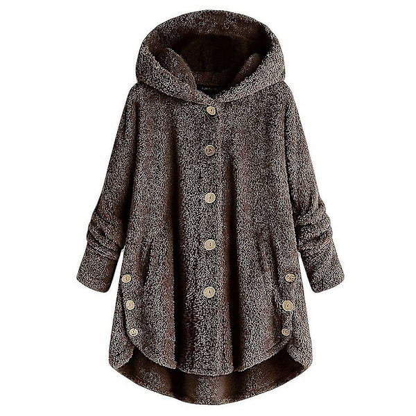 Kvinnors vintervarma fluffiga överrock knappjacka toppar lös huva ytterkläder 5XL E