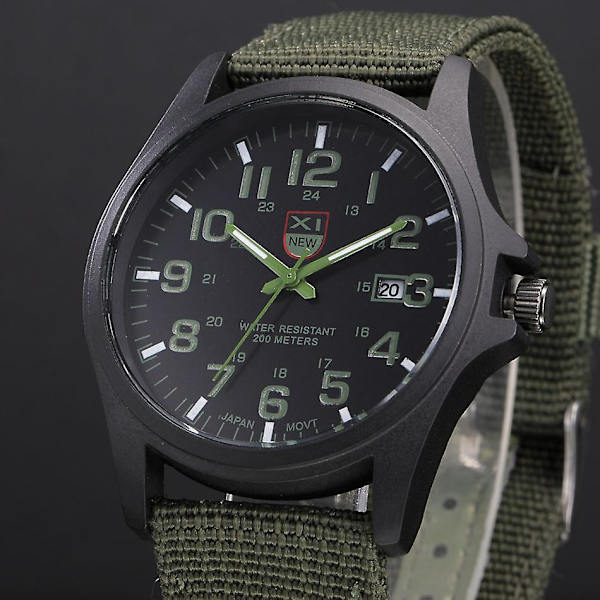 Analog kvartsur med nylonvävd rem kalenderhand 24h militärtid (armégrön)