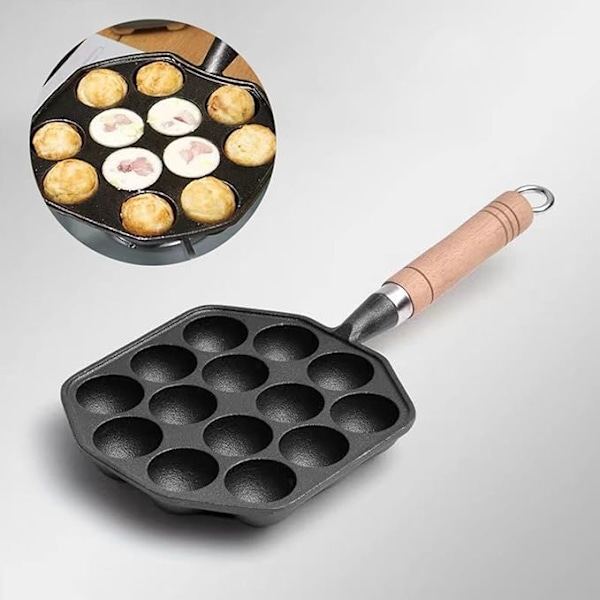 Takoyaki-pannu, jossa 14 reikää, tarttumaton valurauta mustekala lihapullien valmistaja irrotettavalla kahvalla paistinpannu pallolevy