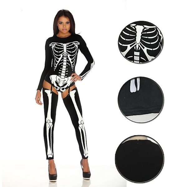 Halloween Dame Skelet Bodysuit, 3d Cosplay Skelet Kostume Jumpsuit White