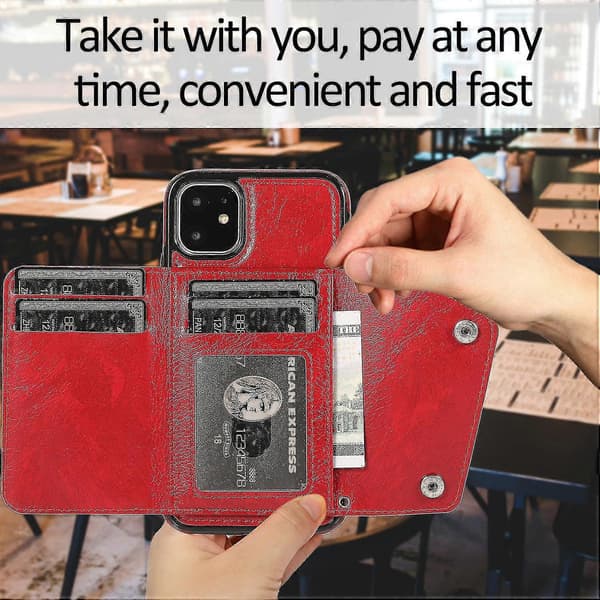 Handgjort PU Läderfodral För Iphone 11 Med Korthållare, Plånboksfunktion, Stödfunktion, Fallskydd Red