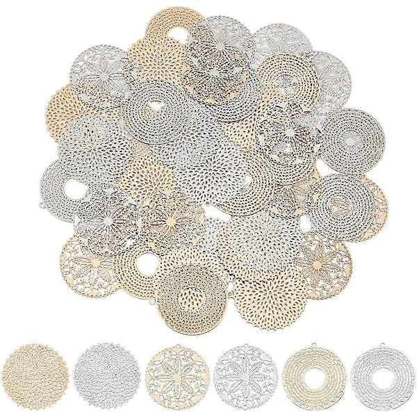 48 st Filigranrunda Berlocker i Mässing, 3 Stilar, Filigranblommor, 3 Färger, Metallprydnader för DIY-Smyckestillverkning, Hål: 1,2/1,4 mm