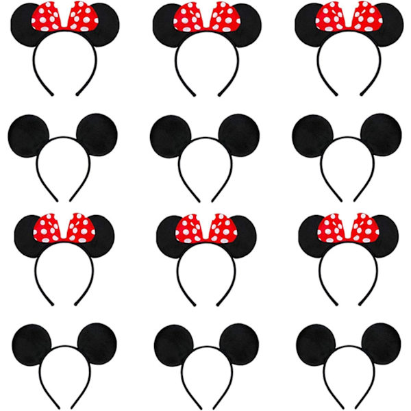 12 stk. Mickey Mouse Hårbøjle, Museører Hårbøjle, til Maskeradefest, Fødselsdag, Festnat, Tegneserieklub (Rød & Sort)