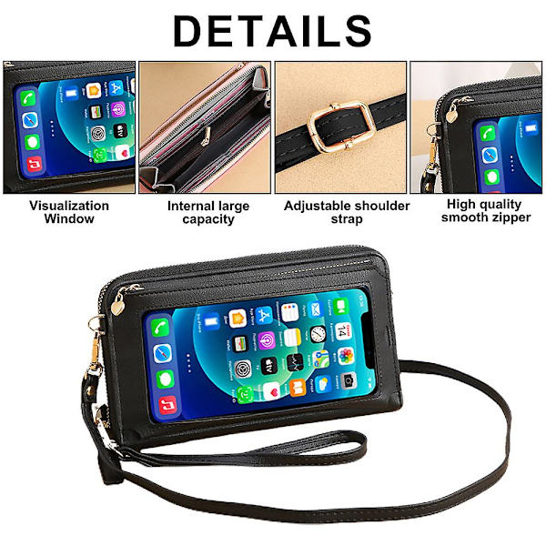 Pu Lång Plånbok Enkel Touch-screen Handled Mobiltelefon Väska Myntväska Bärbar Mobiltelefon Väska black