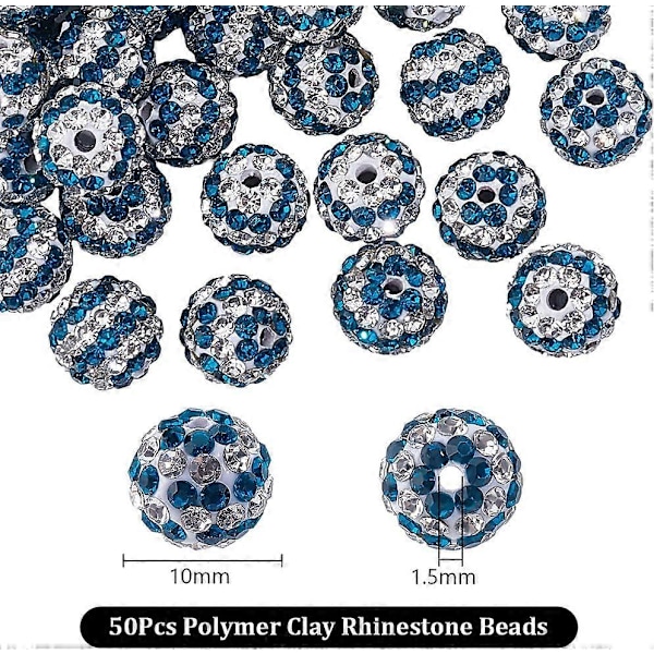 50 stk. 10 mm Stribede Rhinestone Perler Blå Hvide Lerperler Polymer Ler Pave Krystalperler Diskokugleperler 1,6 mm Hul Runde Diamantperler til Smykker