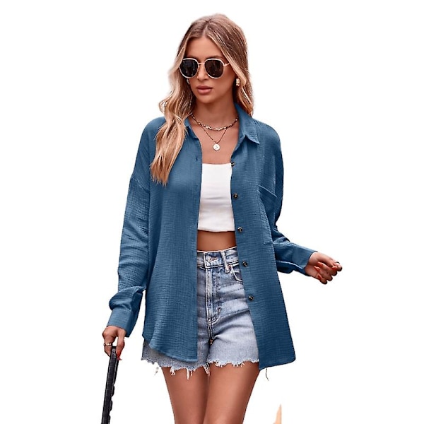 Dam Casual Långärmad Skjortor, Lös Passform Krage Skjorta Toppar Blue 2XL