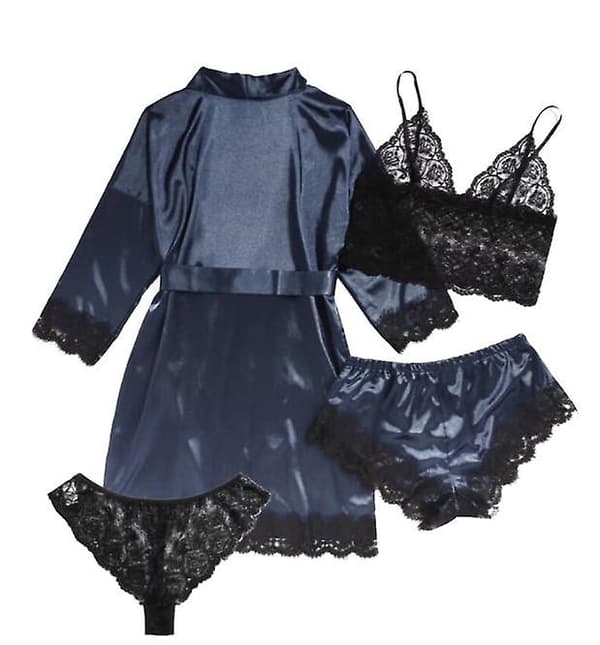 Dam 4-delars pyjamas satin pyjamas set med morgonrock Navy Blue L