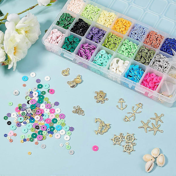 6900 stk. Håndlavede polymer lerperler Flade runde afstandsstykkeperler med legeringsvedhæng og kauri-skalperler til DIY smykkefremstilling