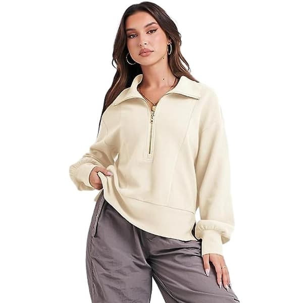 Casual Half Zip Sweatshirts for kvinner, langermet Cropped Pullover Cream S