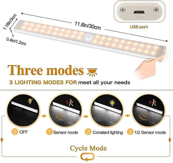 40 LED Skabslys, bevægelsessensor, USB genopladelig, 4 tilstande, 30 cm varmt lys