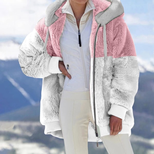 Kvinnors Fleece Huvtröja Långärmad Dragkedja Fickor Huva Håller Varm I Svalt Väder 2XL Pink
