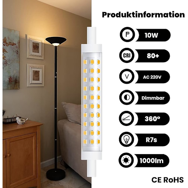 2 stk. 10w R7s 118mm LED Pære Dæmpbar Varm Hvid 3000k 100W Halogen Reflektor Projektør [Energiklasse A++]