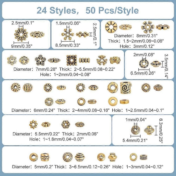 1200 st Antik Gyllene Distanspärlor 24 Stilar Tibetansk Blomma Kvadrat Snöflinga Rondelle Pärlor Legering Distanspärlor Lösa Pärlor för Armband Halsband Öra