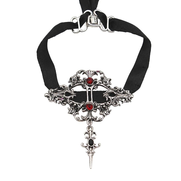 Kvinnor Tjej Punk Halsband för Halloween Enkel Black Bud Ribbon Cross Choker (röd)