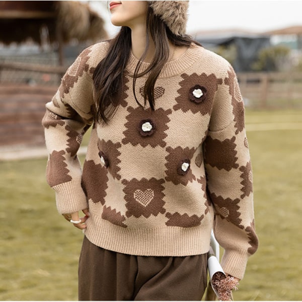 Alla hjärtans dag Flower Patchwork-tröja, Casual långärmad tröja, Casual Toppar för höst och vinter, damkläder brown