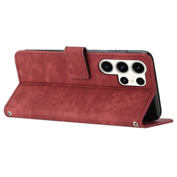 Til Samsung Galaxy S25 Ultra Etui Prægede Linjer Læder Telefon Cover Foldbart Stativ - Brun Red