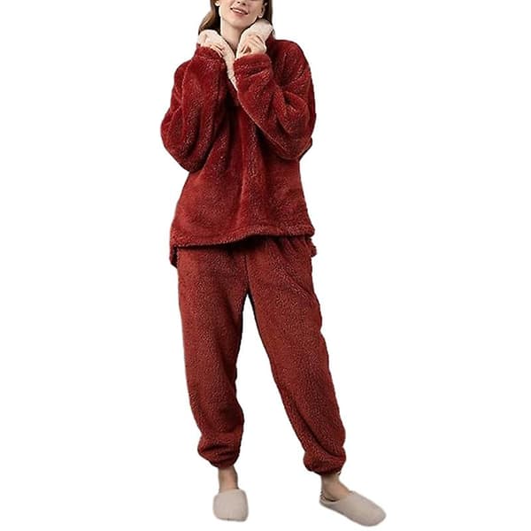 Fleece Pyjamassæt til Kvinder, Blødt Nattøj Varm Sherpa Pullover Bukser Red L