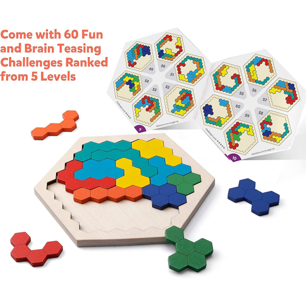 Hexagonpussel i trä - Formblock Tangram Brain Teaser Toy Geometri Logic Iq Present