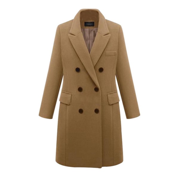 Dame Dobbeltradet Frakke Reverskrave Vinter Klassisk Filt Lang Jakke 2XL Khaki