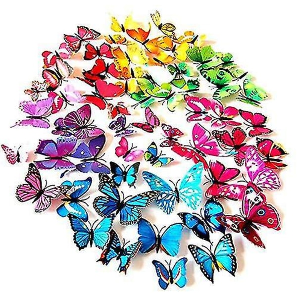 72 st 3d-fjärilar, väggdekor, klistermärken, hållbara fjärilsdekorationer i plast (12 , 12 färger, 12 gröna, 12 gula, 12 rosa, 12 röda)